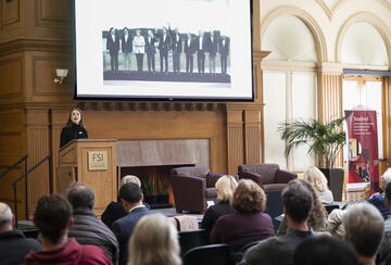 Oleksandra Matviichuk speaks to an audience at Stanford University on April 15, 2024.